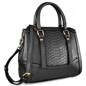 Black Leather Snakeskin Embossed Satchel Handbag Crossbody Bag Gold Hardware